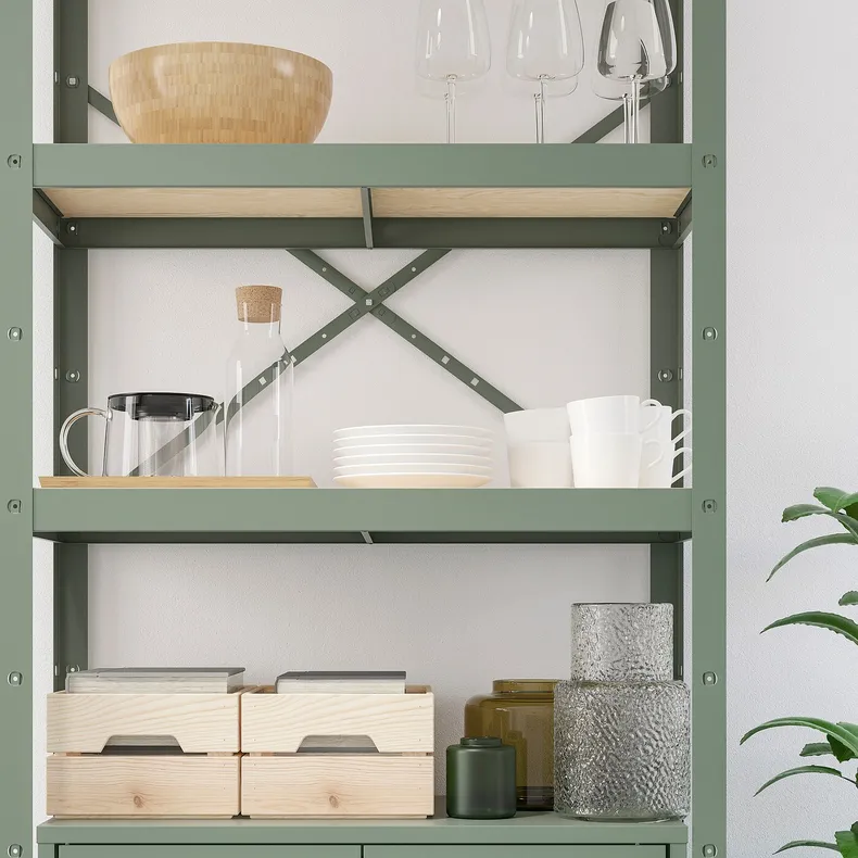 IKEA BROR БРУР, стеллаж с 1 шкафчиком, серо-зеленая / сосновая фанера, 85x40x190 см 895.161.42 фото №3
