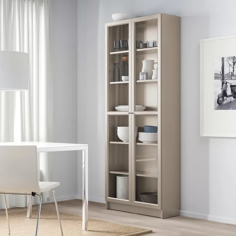 IKEA BILLY БИЛЛИ, шкаф книжный со стеклянными дверьми, серый / металлический эффект, 80x30x202 см 004.156.03 фото №2