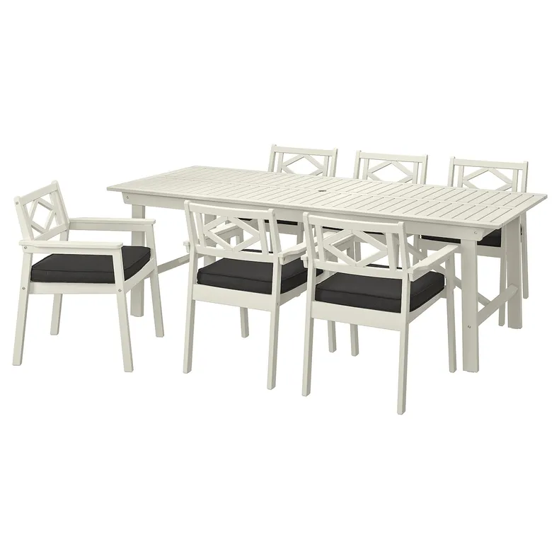 IKEA BONDHOLMEN БОНДХОЛЬМЕН, стіл+6 крісел із підлокіт/вуличний, білий/бежевий/ярпенський/дувхольменський антрацит 795.512.49 фото №1