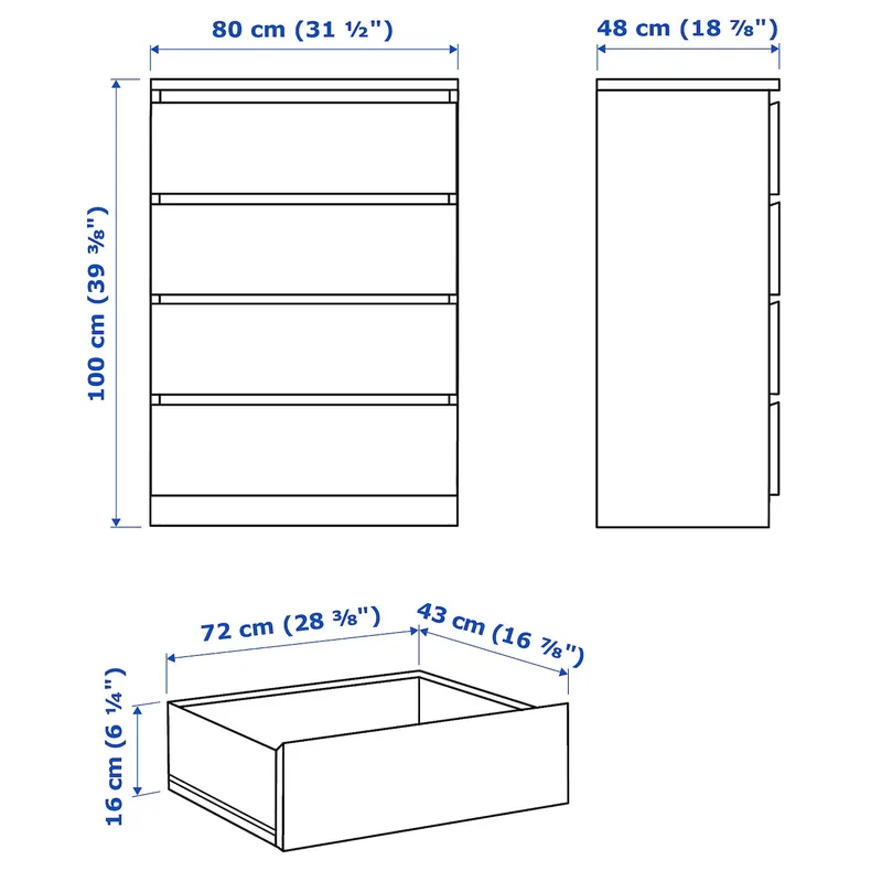IKEA MALM МАЛЬМ, комод с 4 ящиками, белый глянец, 80x100 см 504.240.54 фото №5