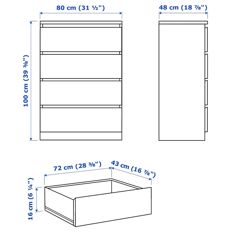 IKEA MALM МАЛЬМ, комод із 4 шухлядами, білий глянець, 80x100 см 504.240.54 фото №5