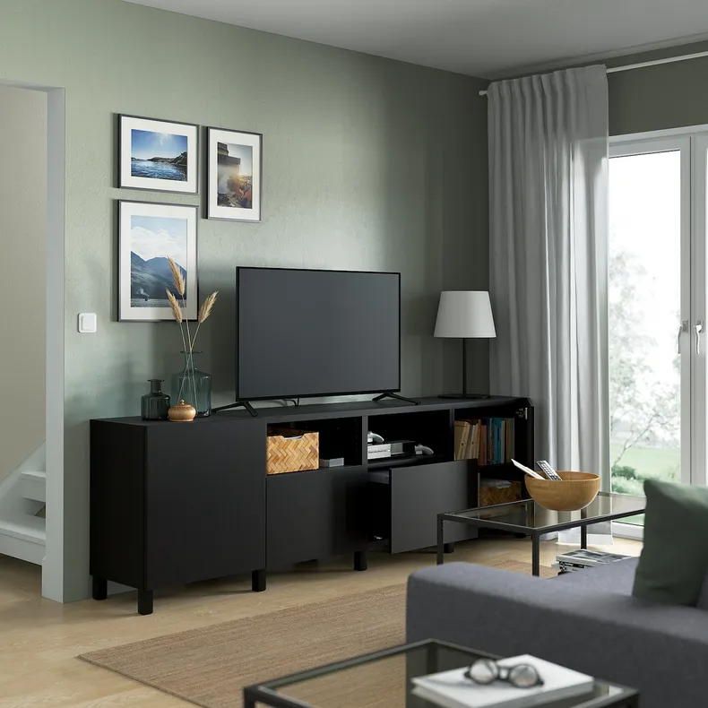 IKEA BESTÅ БЕСТО, тумба для телевізора з дверц й шухл, чорно-коричневий/ЛАППВІКЕН/СТУББ чорно-коричневий, 240x42x74 см 992.975.11 фото №2
