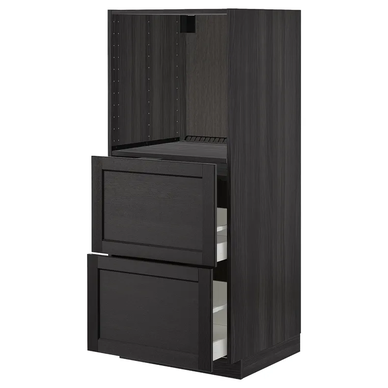 IKEA METOD МЕТОД / MAXIMERA МАКСИМЕРА, высокий шкаф с 2 ящиками д / духовки, черный / Лерхиттан с черными пятнами, 60x60x140 см 792.706.02 фото №1