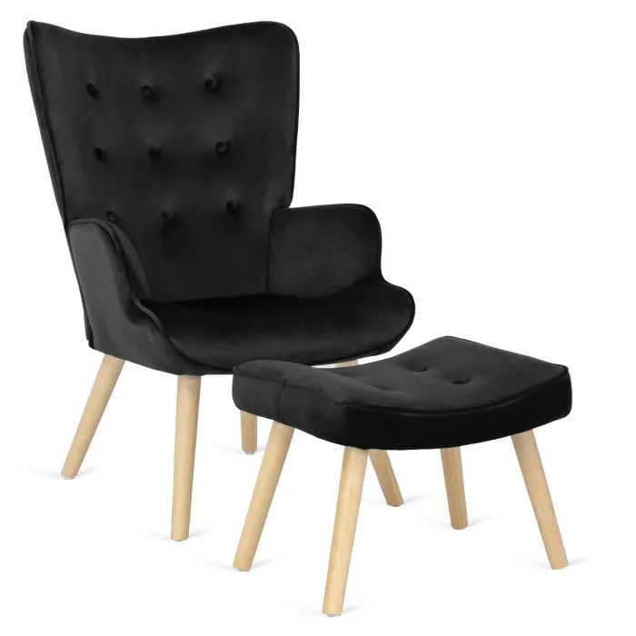 Кресло мягкое бархатное с подставкой для ног MEBEL ELITE LOZANO Velvet, Черный фото №1