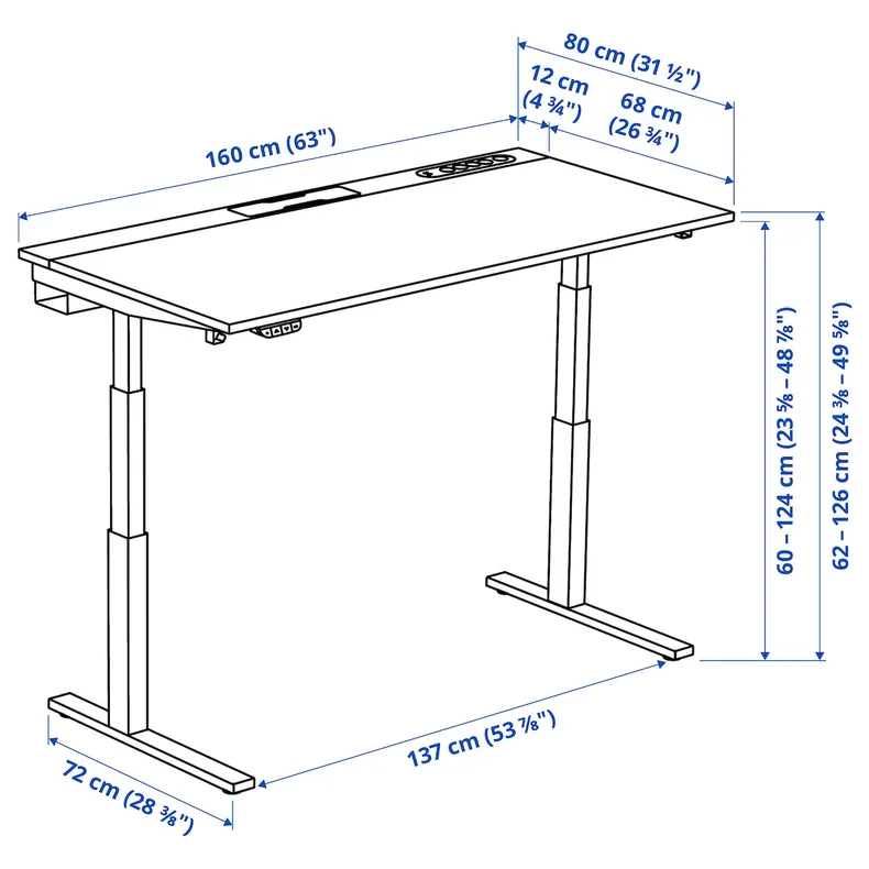 IKEA MITTZON МІТТЗОН, стіл регульований, електричний горіх / чорний, 160x80 см 995.302.70 фото №9