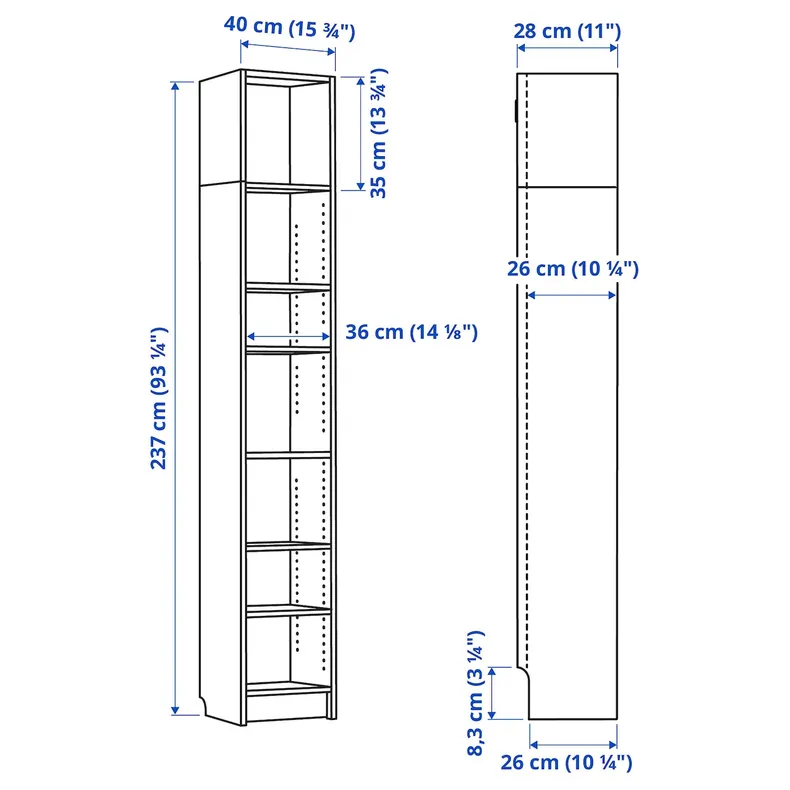 IKEA BILLY БІЛЛІ, книжкова шафа з верхньою полицею, темно-коричневий під дуб, 40x28x237 см 995.818.82 фото №4