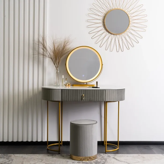 Туалетный столик с пуфом MEBEL ELITE SARAH, Серый / Золотой фото №3