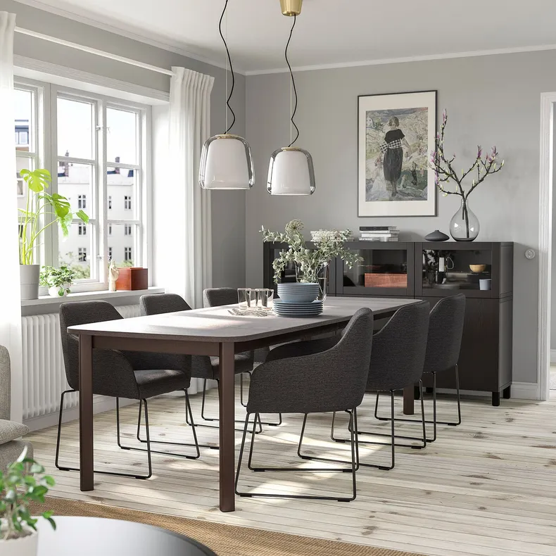 IKEA STRANDTORP СТРАНДТОРП / TOSSBERG ТОССБЕРГ, стіл+6 стільців, коричневий/чорний металік/сірий, 150/205/260 см 994.410.28 фото №2