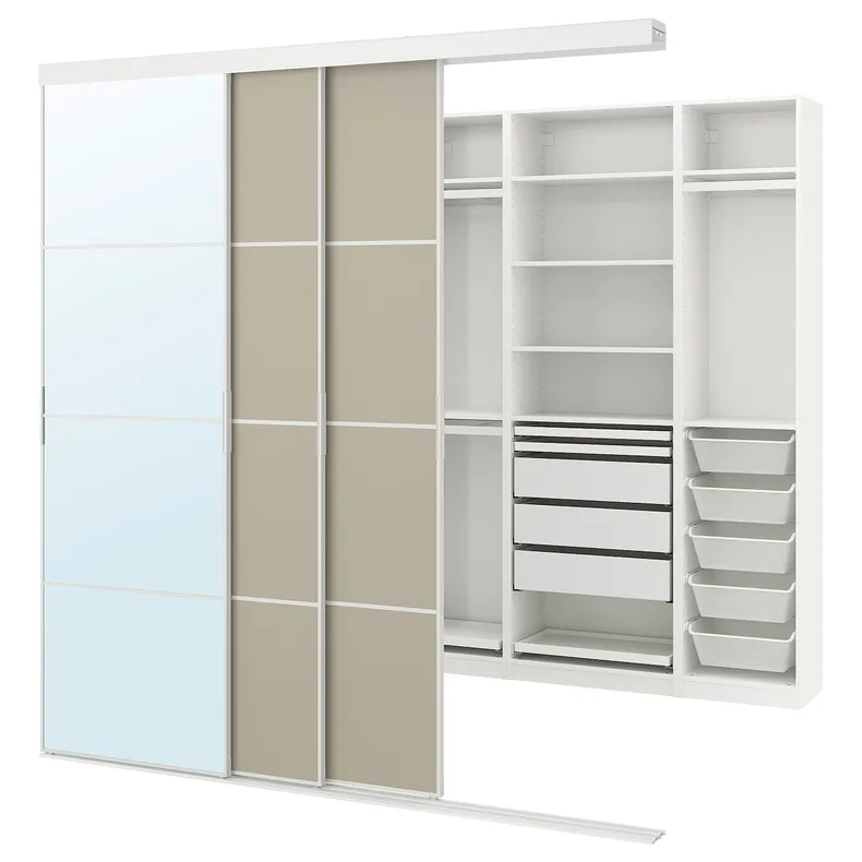 IKEA SKYTTA СКЮТТА / PAX ПАКС, гардероб із розсувними дверцятами, біле дзеркало Mehamn/Auli/сіро-бежеве дзеркало, 251x115x240 см 495.621.93 фото №1
