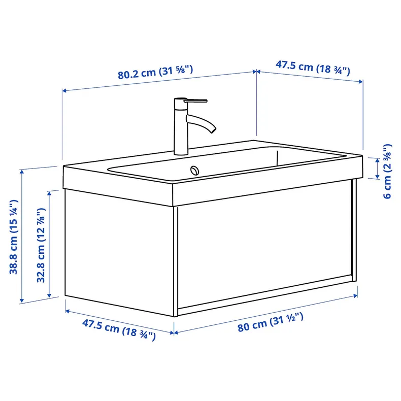 IKEA ÄNGSJÖN ЭНГШЁН / BACKSJÖN БАККШЁН, шкаф с ящиком / раковина / смеситель, коричневая имитация дуб, 80x48x39 см 095.140.00 фото №5