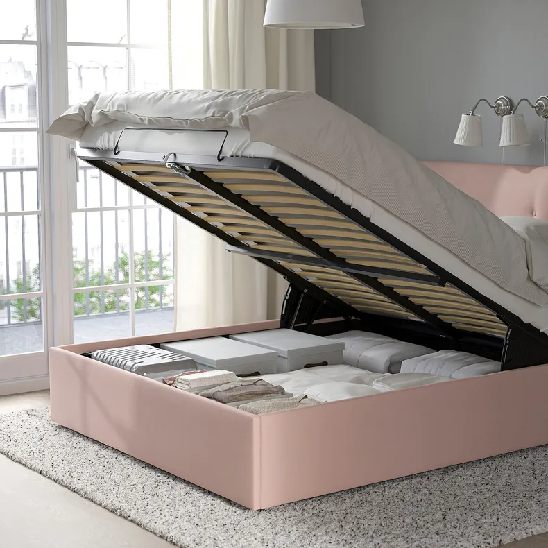 IKEA IDANÄS ІДАНЕС, ліжко з підіймальн механізм і оббив, Gunnared блідо-рожевий, 160x200 см 504.589.73 фото №2