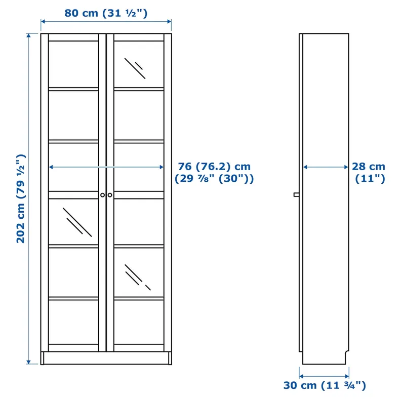 IKEA BILLY БИЛЛИ, шкаф книжный со стеклянными дверьми, серый / металлический эффект, 80x30x202 см 004.156.03 фото №11