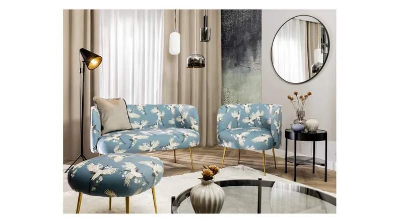 BRW Комплект для гостиной Cloe диван-кресло пуф гламур синий, Печать Краны 0260-007-80/P2 белый синий ZE-CLOE-2S+ES+H-G3-PR_ZURAWIE_0260-007-80/P2 фото №2