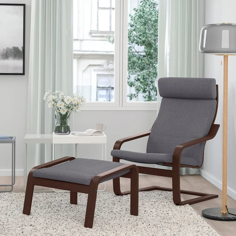 IKEA POÄNG ПОЕНГ, крісло та підставка для ніг, коричневий / СКІФТЕБУ темно-сірий 294.843.04 фото №2