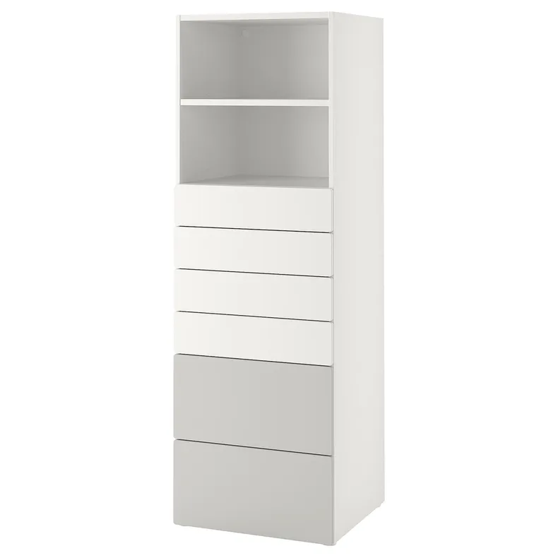 IKEA SMÅSTAD СМОСТАД / PLATSA ПЛАТСА, книжкова шафа, біло-сірий з 6 шухлядами, 60x57x181 см 093.880.73 фото №1