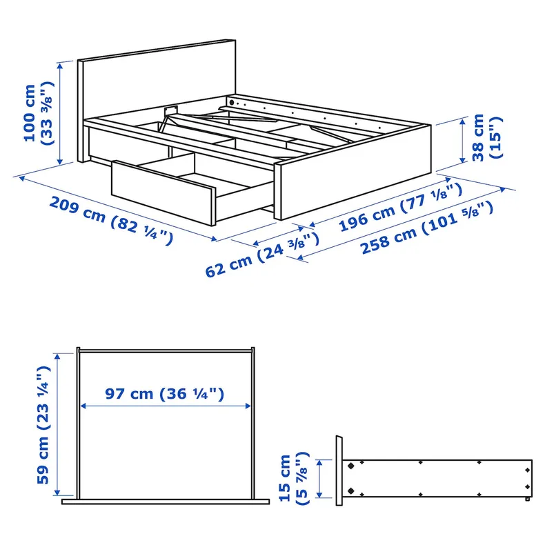 IKEA MALM МАЛЬМ, каркас кровати+2 кроватных ящика, белый / Линдбоден, 180x200 см 994.949.98 фото №10