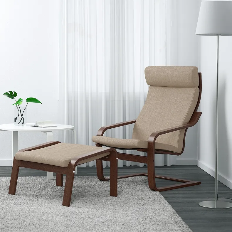 IKEA POÄNG ПОЕНГ, крісло та підставка для ніг, коричневий / ХІЛЛАРЕД бежевий 494.842.61 фото №2