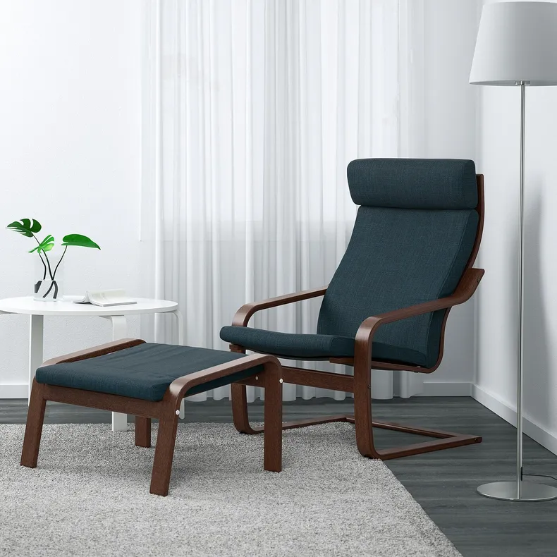 IKEA POÄNG ПОЕНГ, крісло та підставка для ніг, коричневий / ХІЛЛАРЕД темно-синій 194.842.86 фото №2