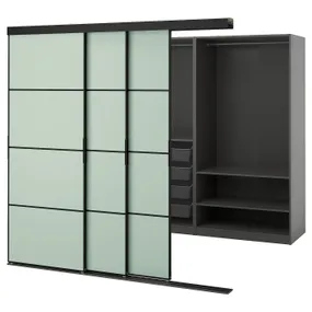IKEA SKYTTA СКЮТТА / PAX ПАКС, гардероб із розсувними дверцятами, чорний темно-сірий / світло-зелений Mehamn, 226x160x205 см 395.524.96 фото