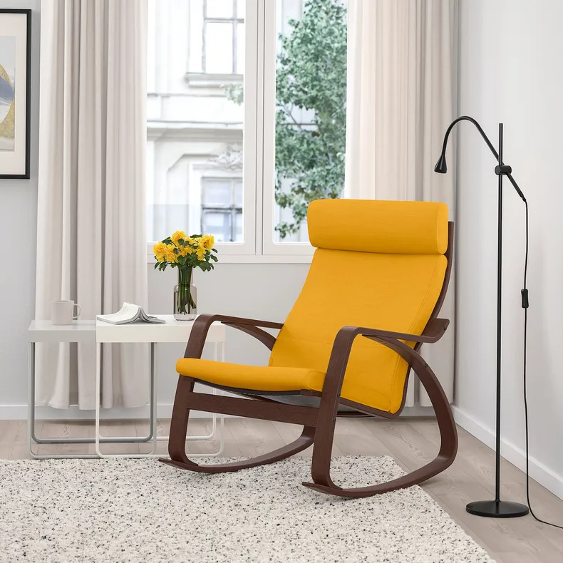 IKEA POÄNG ПОЕНГ, крісло-гойдалка, коричневий / СКІФТЕБУ жовтий 493.958.54 фото №2