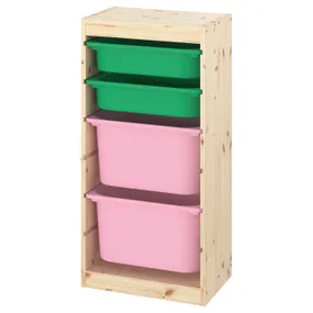 IKEA TROFAST ТРУФАСТ, комбинация д/хранения+контейнеры, Светлая сосна, окрашенная в бело-зеленый/розовый цвет, 44x30x91 см 593.380.90 фото