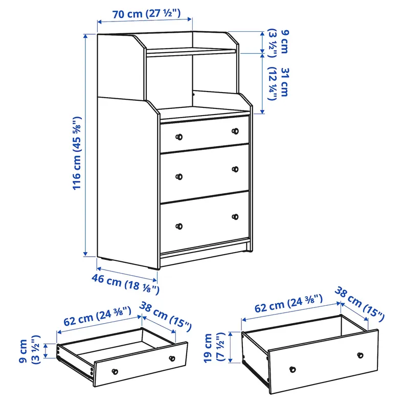 IKEA HAUGA ХАУГА, комод с 3 ящиками / полкой, серый, 70x116 см 204.569.04 фото №9