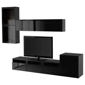 IKEA BESTÅ БЕСТО, шкаф для ТВ, комбин / стеклян дверцы, черно-коричневый / сельсвикенский глянец / черное прозрачное стекло, 300x42x211 см 594.068.52 фото