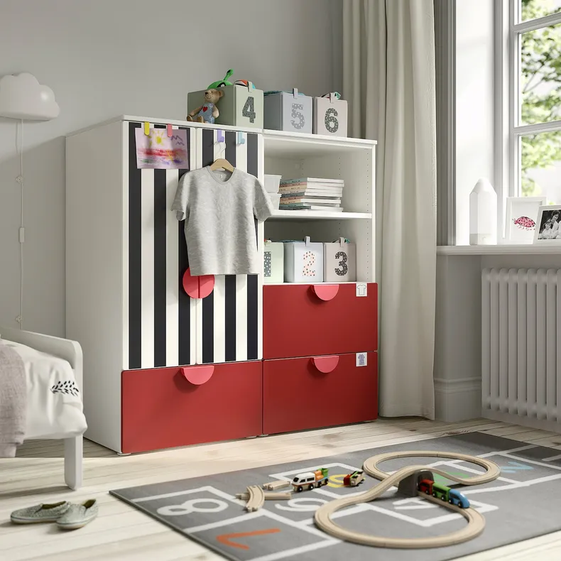 IKEA SMÅSTAD СМОСТАД / PLATSA ПЛАТСА, комбинация д / хранения, белый красный / полосатый с 3 ящиками, 120x57x123 см 995.498.92 фото №2