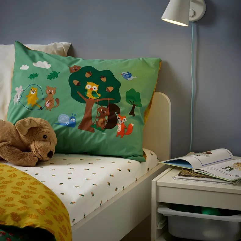 IKEA BRUMMIG БРУММІГ, підковдра та наволочка, орнамент лісові звірі/різнобарвний, 150x200/50x60 см 505.211.54 фото №5