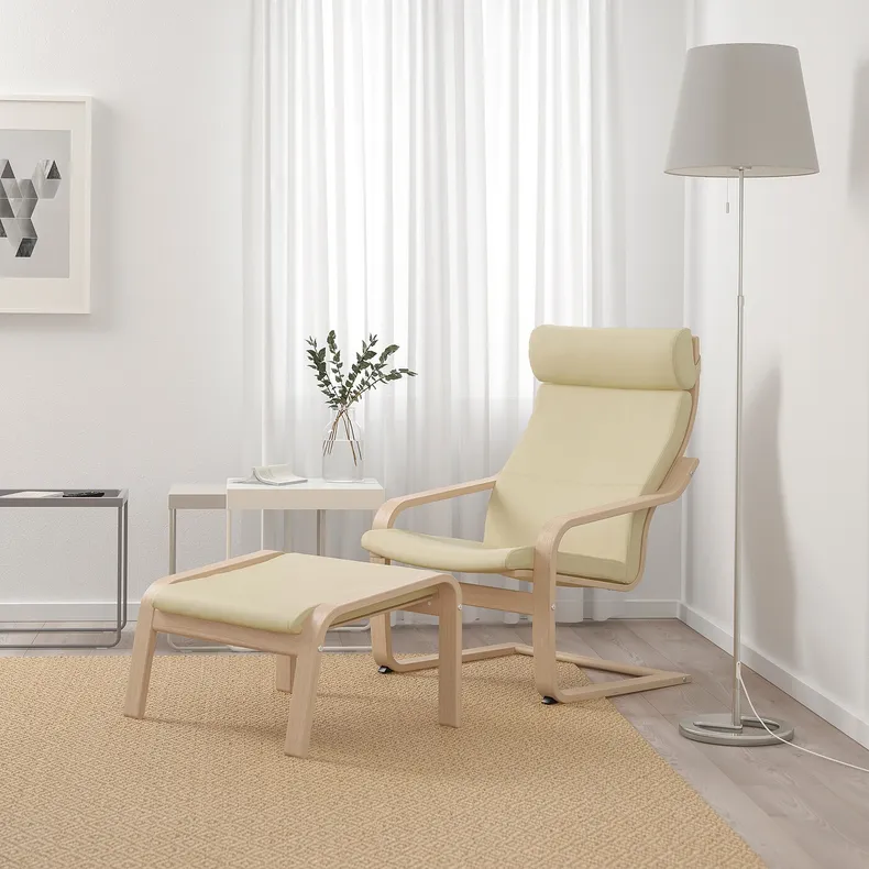 IKEA POÄNG ПОЕНГ, крісло та підставка для ніг, шпон дуба білий морений / Білий ламаний / Білий ламаний 694.843.59 фото №2