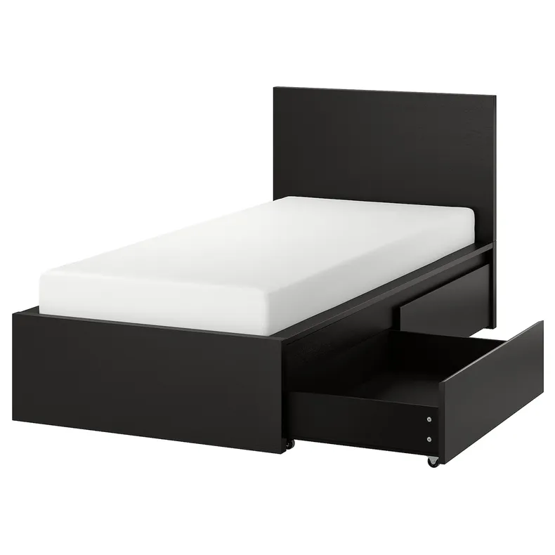 IKEA MALM МАЛЬМ, каркас кровати+2 кроватных ящика, черно-коричневый, 90x200 см 190.129.89 фото №1