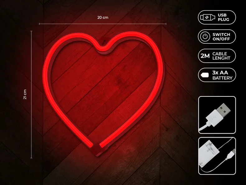 BRW Світлодіодний настінний неоновий світильник у вигляді серця червоний 093780 фото №3