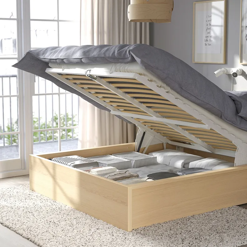 IKEA MALM МАЛЬМ, ліжко з підіймальним механізмом, шпон з мореного дуба білого кольору, 160x200 см 504.126.83 фото №2