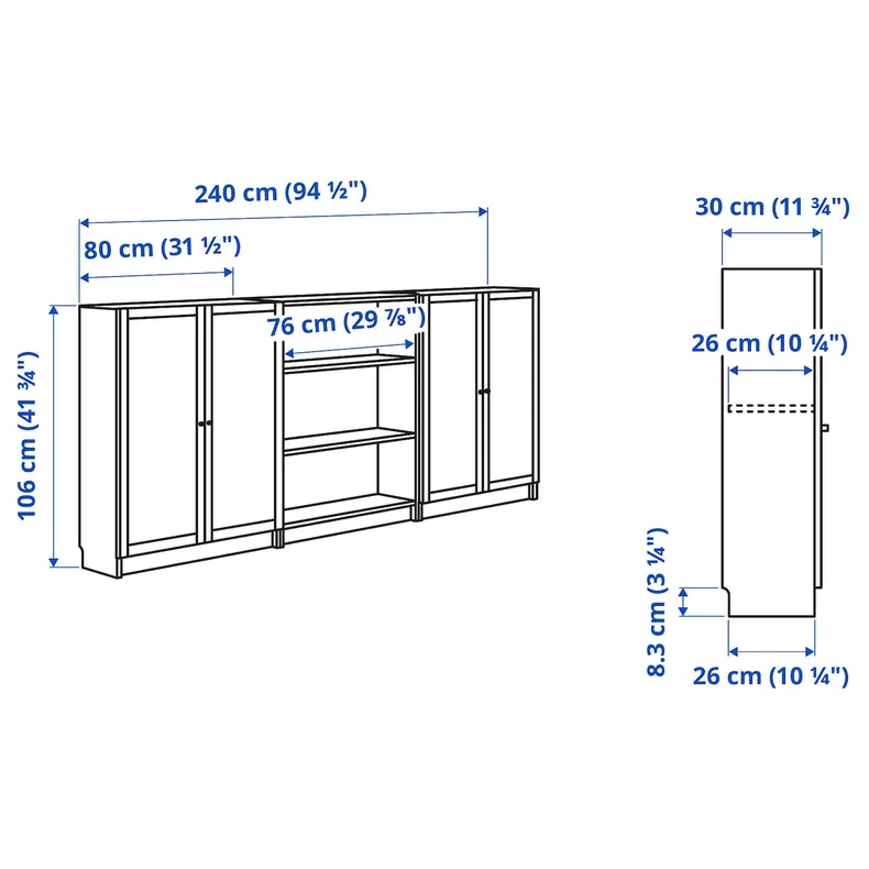 IKEA BILLY БІЛЛІ / OXBERG ОКСБЕРГ, комбінація книжк шаф з дверцят, коричневий горіх, 240x30x106 см 195.781.24 фото №7