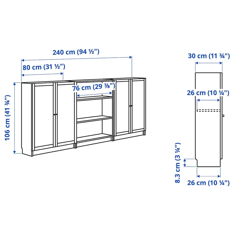 IKEA BILLY БИЛЛИ / OXBERG ОКСБЕРГ, стеллаж комбинация с дверцами, коричневый орех, 240x30x106 см 195.781.24 фото №7