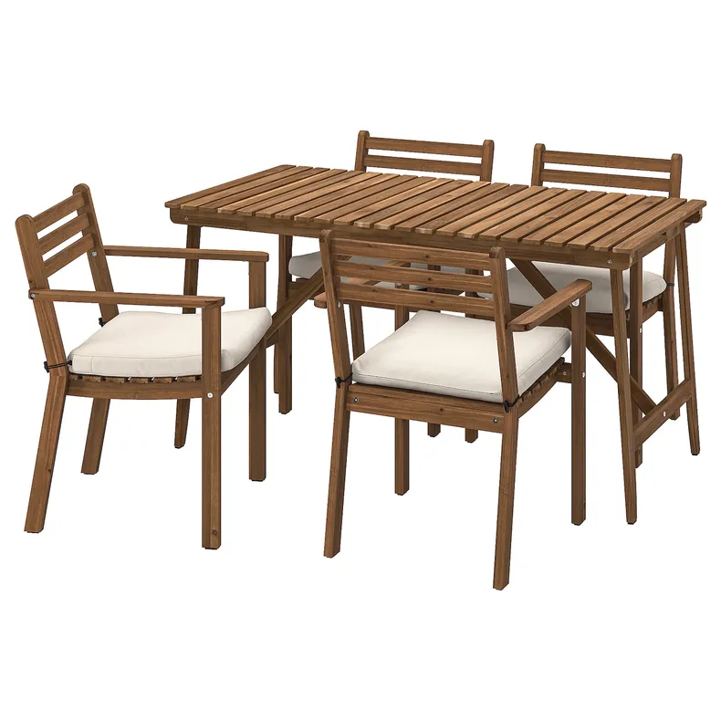 IKEA ASKHOLMEN АСКХОЛЬМЕН, стіл+4 крісла з підлокітн, вуличний, темно-коричневий / бежевий Фрессон/Дувхольмен, 143x75 см 495.302.96 фото №1