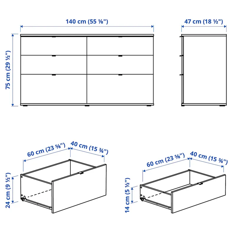 IKEA VIHALS ВИХАЛС, комод с 6 ящиками, белая / фиксирующая / разблокирующая функция, 140x47x75 см 804.901.13 фото №7