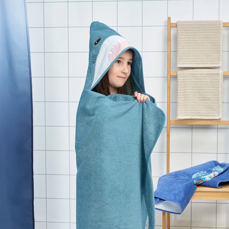 IKEA BLÅVINGAD БЛОВИНГАД, полотенце с капюшоном, акулообразный/сине-серый, 70x140 см 905.284.41 фото №2
