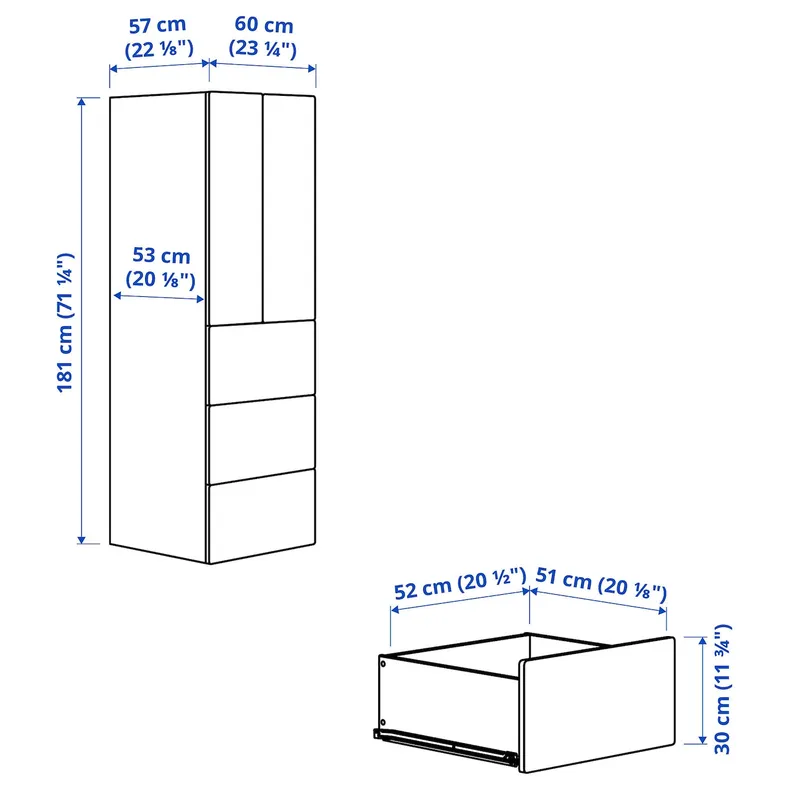 IKEA SMÅSTAD СМОСТАД / PLATSA ПЛАТСА, гардероб, белые полосы / белый с 3 ящиками, 60x57x181 см 095.499.19 фото №6