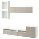 IKEA BESTÅ БЕСТО, комбінація шаф для тв / скляні дверц, біле скло / Selsviken high gloss / бежеве матове скло, 300x42x211 см 894.887.71 фото thumb №1