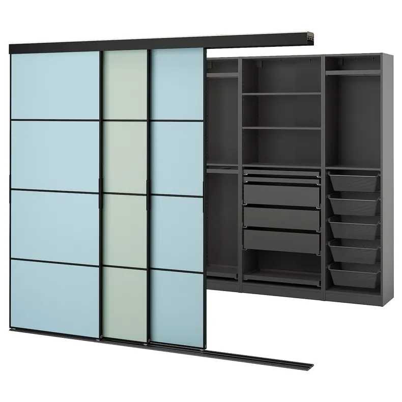 IKEA SKYTTA СКЮТТА / PAX ПАКС, гардероб із розсувними дверцятами, чорний темно-сірий / мехемний світло-блакитний / салатовий, 251x115x205 см 695.525.17 фото №1
