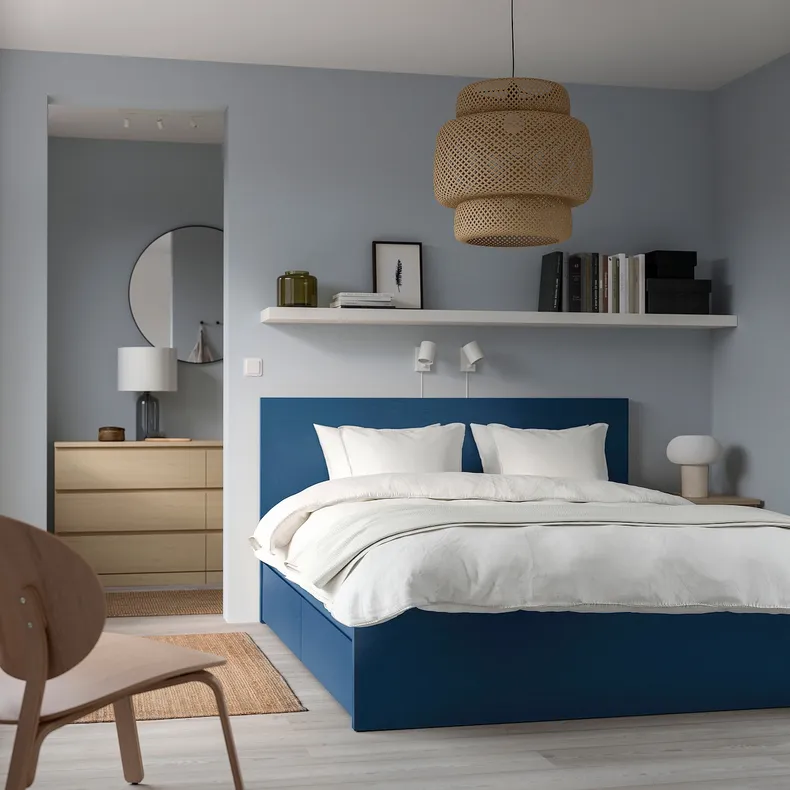 IKEA MALM МАЛЬМ, каркас кровати с 4 ящиками, синий/Лёнсет, 140x200 см 695.599.86 фото №3