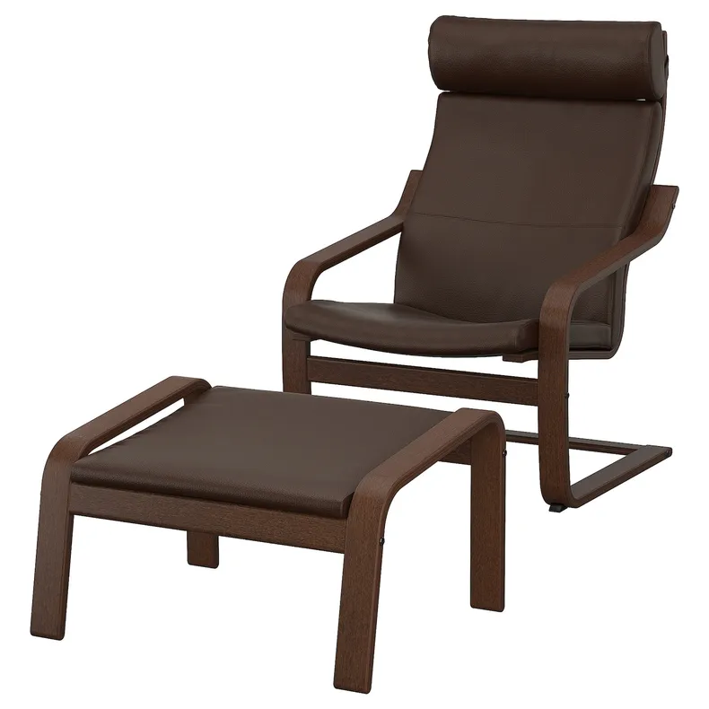 IKEA POÄNG ПОЕНГ, крісло та підставка для ніг, коричневий / ГЛОСЕ темно-коричневий 195.510.73 фото №1