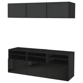 IKEA BESTÅ БЕСТО, комбінація шаф для тв / скляні дверц, чорна бронза / глянцевий сельвікен / чорне димчасте скло, 180x42x192 см 494.072.15 фото