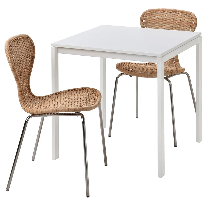 IKEA MELLTORP МЕЛЬТОРП / ÄLVSTA ЕЛЬВСТА, стіл+2 стільці, білий білий / ротанг хромований, 75x75 см 694.907.65 фото №1