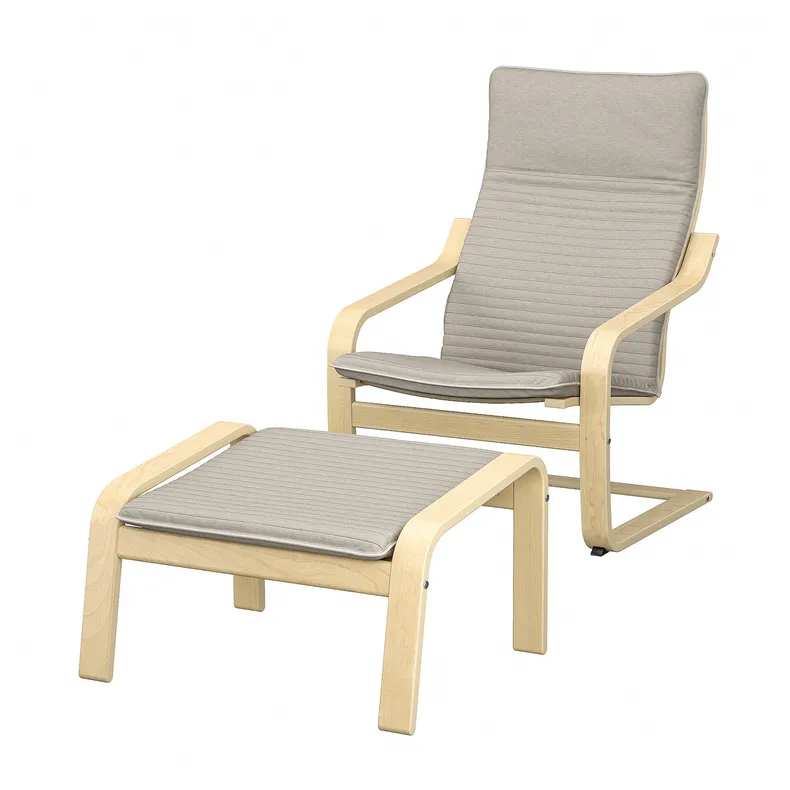 IKEA POÄNG ПОЕНГ, крісло та підставка для ніг, березовий шпон / КНІСА світло-бежевий 694.842.36 фото №1