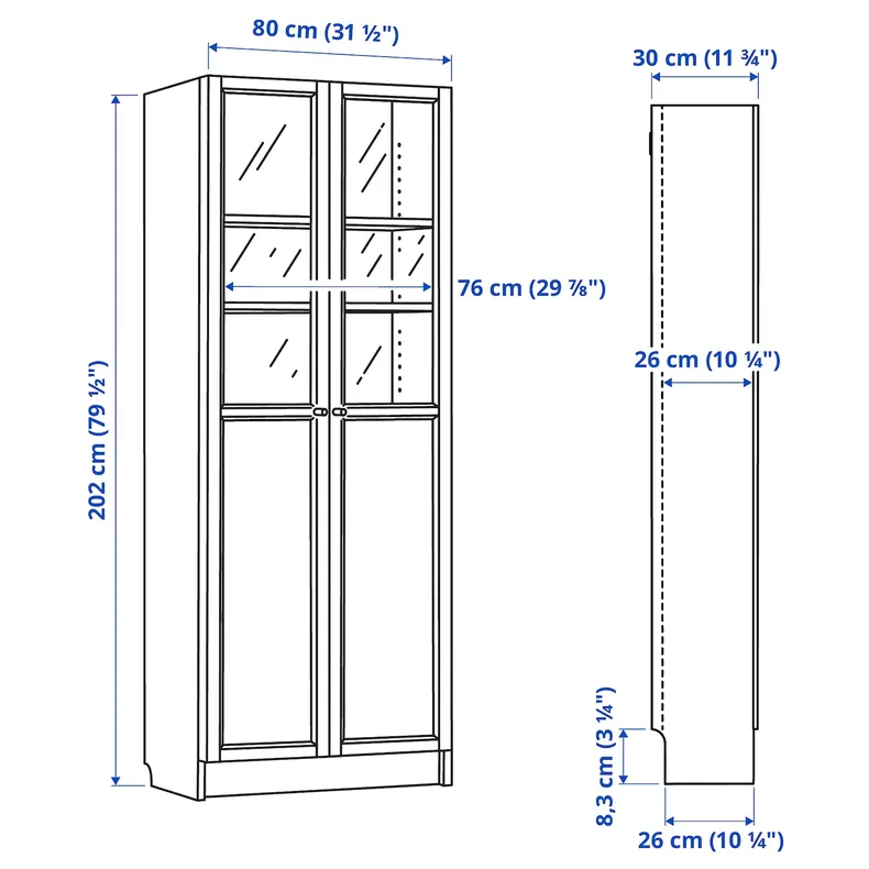 IKEA BILLY БІЛЛІ / OXBERG ОКСБЕРГ, стелаж панель / скляні дверцята, білий, 80x30x202 см 692.817.76 фото №9