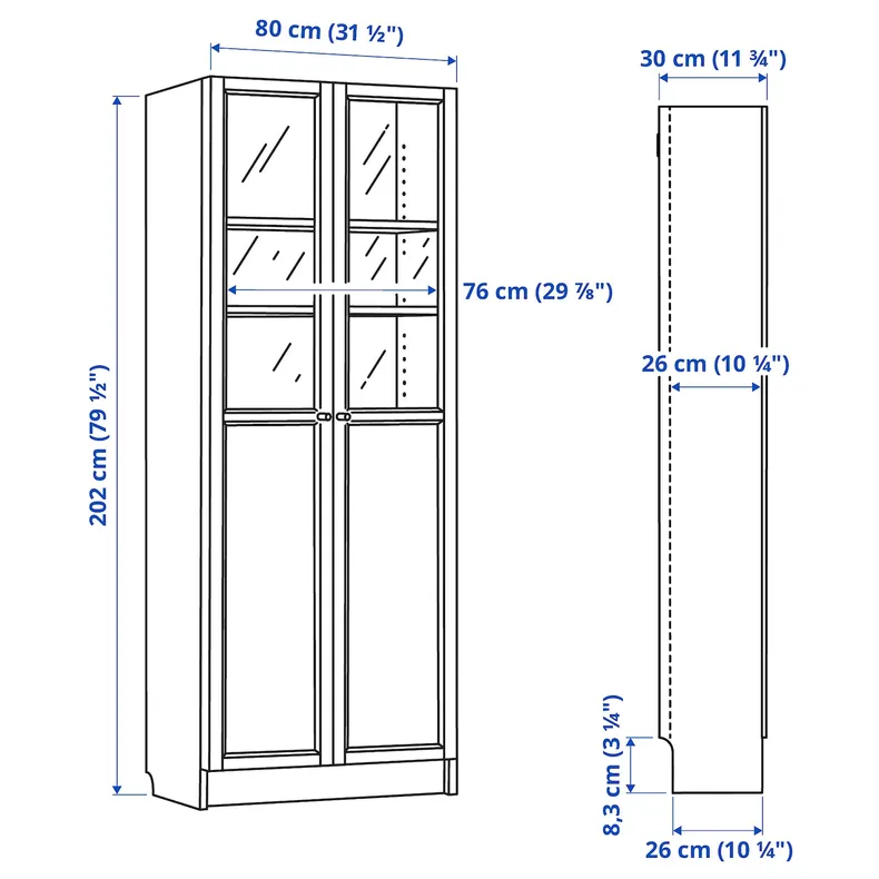 IKEA BILLY БИЛЛИ / OXBERG ОКСБЕРГ, стеллаж / панельные / стеклянные двери, белый, 80x30x202 см 692.817.76 фото №9