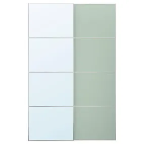 IKEA MEHAMN/AULI МЕХАМН/АУЛІ, розсувні дверцята, 2 шт., алюмінієве 2шт/салатово-зелене дзеркало, 150x236 см 695.521.93 фото