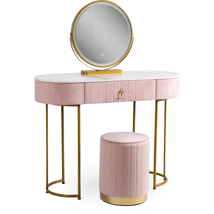 Туалетний столик з пуфом MEBEL ELITE ASHLEY, рожевий / золотий фото №1